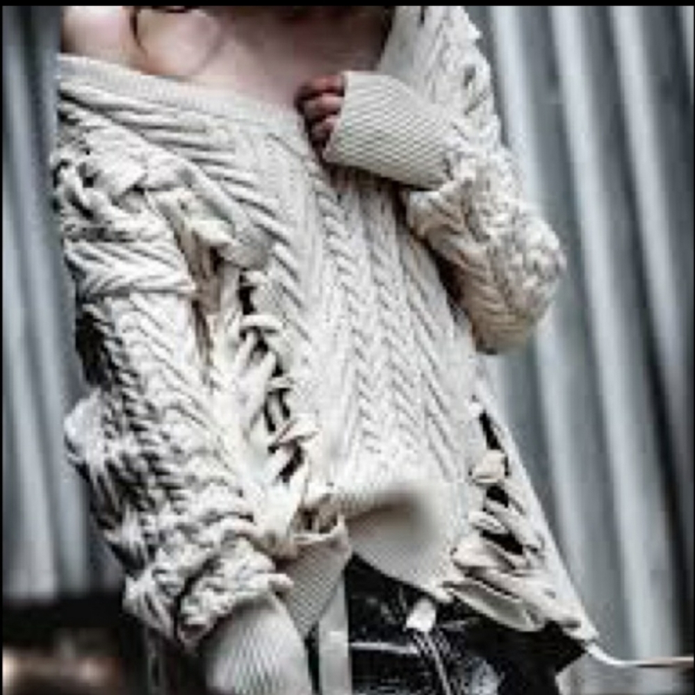 Zara lace up ivory cream V neck cable knit sweater Cotton